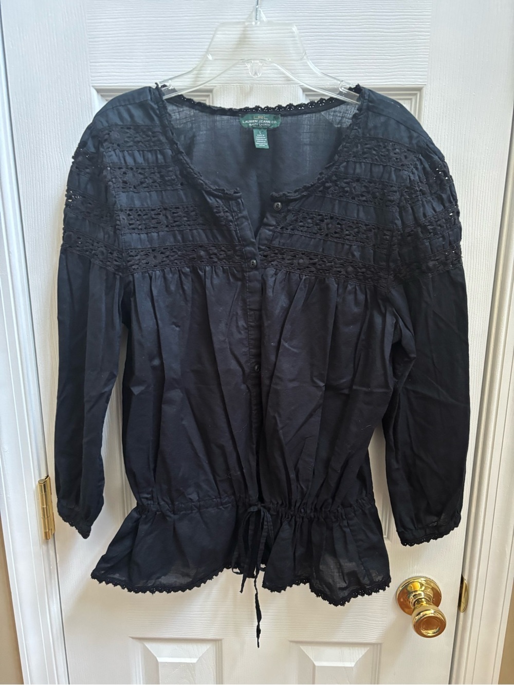 Lauren Ralph Lauren Black Bohemian Beachy Eyelet Drawstring Top, Size L, NWOT